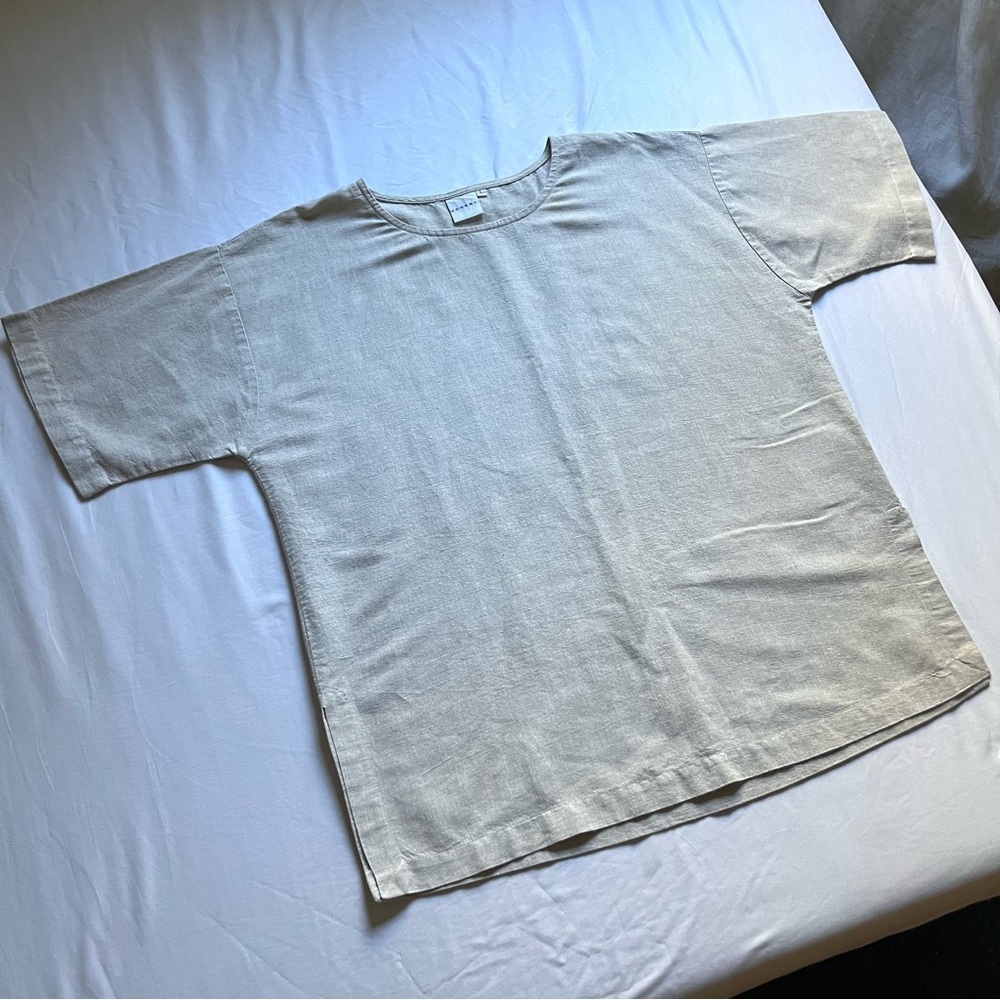 JOHNNY WAS cream ivory linen boxy crew neck short sleeve top